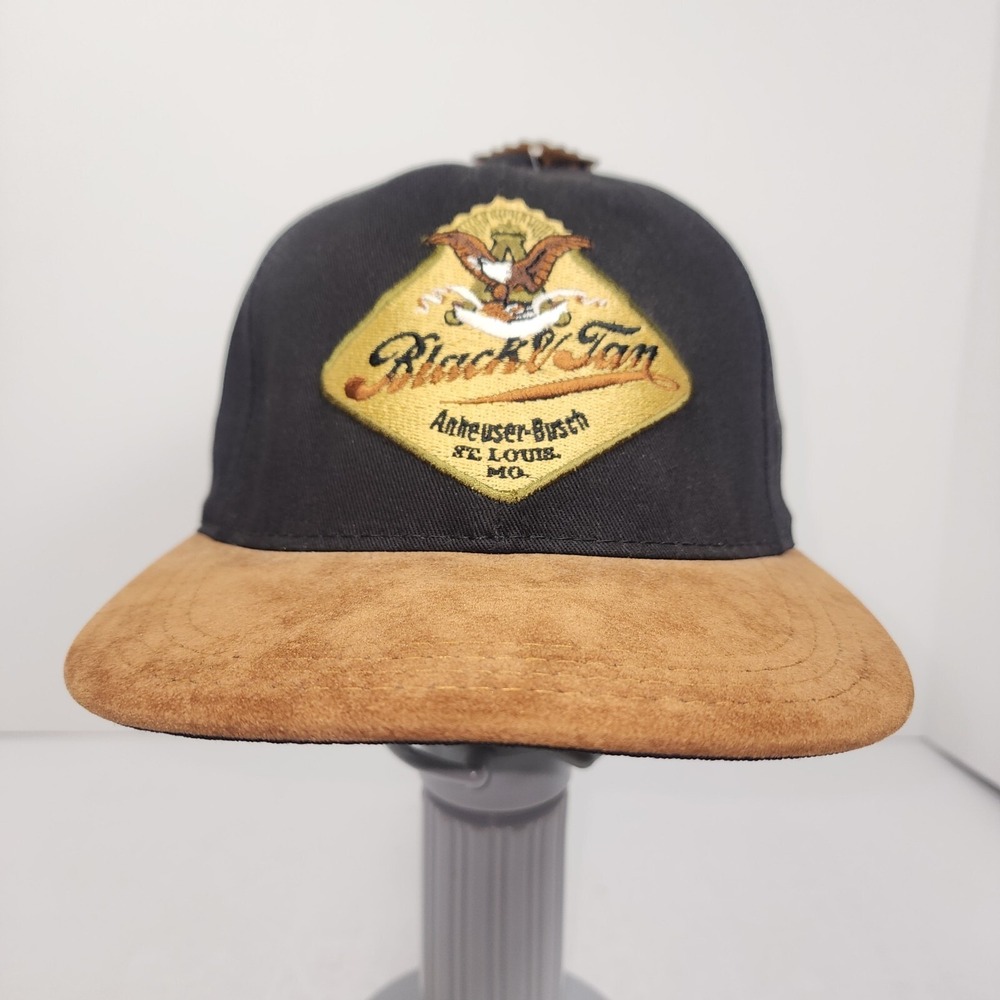 Anheuser Busch Hat Cap Black & Tan Suede Bill Leather Strap Vintage 90s USA Made
